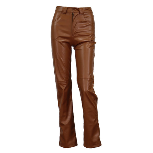 Fashion Pocketed PU Bag Hip Fleece Straight Leg Pants Leather Pants - ROUTINE FASHION